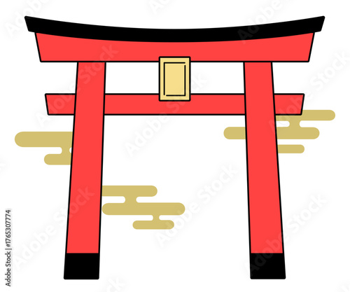 神社の鳥居と和風な雲のカラーイラスト

