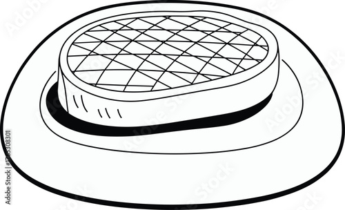 Black and white grilled steak illustration on oval plate, crisscross sear pattern line drawing, culinary food sketch, cooking nutrition artwork concept