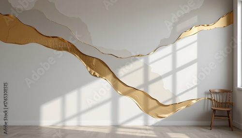 an interior room with a feature wall decorated with a large, gold leafed abstract design that resembles flowing water or a river