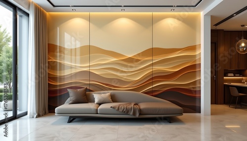 an interior space featuring a large piece of decorative wall art resembling a landscape with wavy, abstract forms in shades of brown and beige