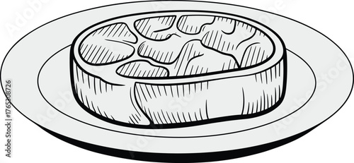 Black and white steak illustration on plate, detailed meat drawing with marbling texture, culinary food sketch, nutrition education artwork concept