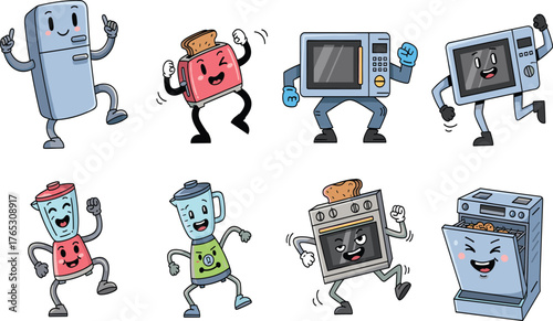 Funny Cartoon Kitchen Appliances Dancing Vector Set, Happy Retro Refrigerator Toaster Microwave and Blender Characters Illustration.