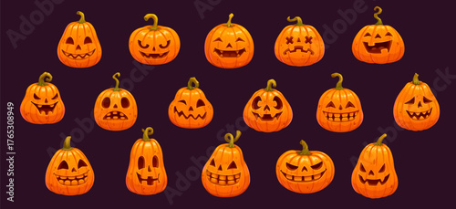 Cartoon Halloween carved jack o lantern vector pumpkin with orange shiny skin, funny and spooky faces. Happy or angry, spooky and scary, surprised and comical expressions on Halloween pumpkin faces