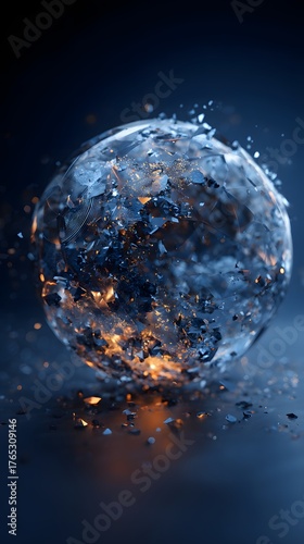 Shattered Glass Sphere with Glowing Embers on Dark Background
