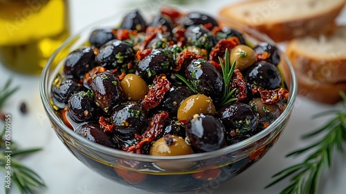 Fototapeta Naklejka Na Ścianę i Meble -  Bowl of Marinated Olives with Sun - Dried Tomatoes, Herbs and Rosemary, Served with Slices of Bread