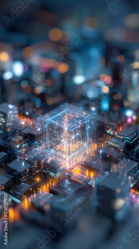 Futuristic Urban Cityscape with Neon Lights and Digital Structures