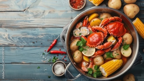 A vibrant seafood boil with crab legs, corn, potatoes, andouille sausage, and spices.