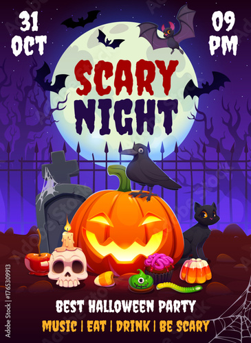 Halloween scary night party flyer. Large glowing pumpkin with a carved face. Vector spooky skull, crow, candy worms and cupcakes shaped as monsters, bats fly across the sky. Halloween party invitation