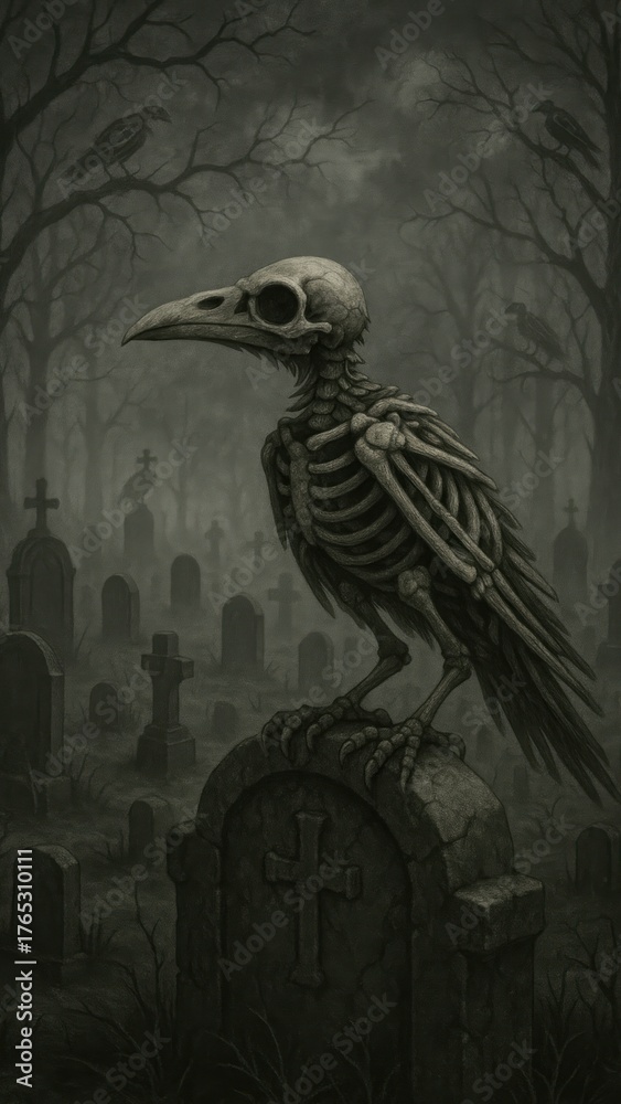 Fototapeta premium Eerie raven skeleton graveyard mobile wallpaper
