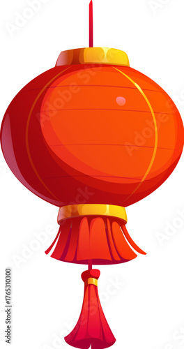 Cartoon red Japanese lantern with golden accents and tassels, New Year decoration symbolizing luck, fortune and joy. Vector festive decor for cultural holidays or traditional asian events celebrations