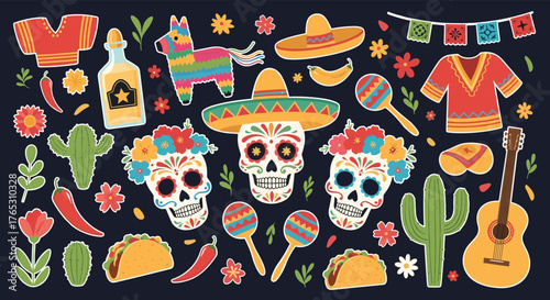 Vibrant Mexican Fiesta and Day of the Dead Celebration Elements.