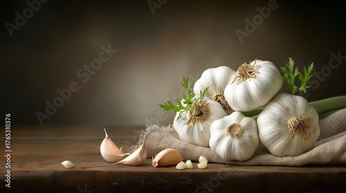 A still life of garlic bulbs with their papery skins peeling back.