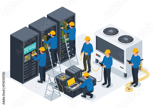An isometric illustration depicts a team of technicians performing maintenance, cabling, and diagnostics on server racks and an HVAC unit in a data center.