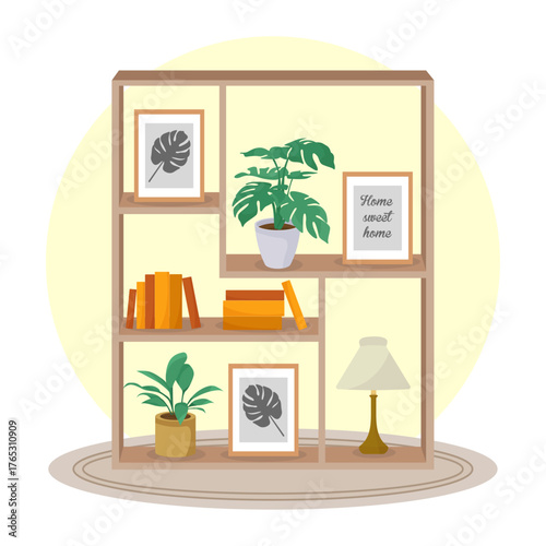 Bookcase shelf with frame books room plants lamp home decor interior design
