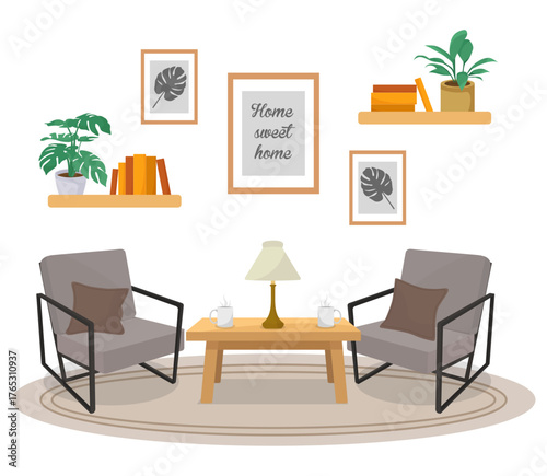 Home interior design classic furniture armchair coffee desk lamp frame wall room decor