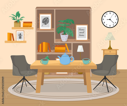 Home decor room with bookcase clock desk chairs carpet interior design