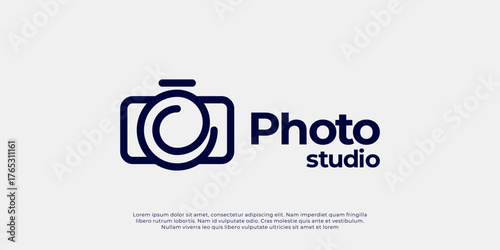 Modern and minimalist photo studio logo featuring a camera with a pixel effect and eye-shaped lens. Perfect for photography, media, and digital creative businesses.