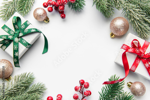 Christmas gifts and decorations forming a festive frame