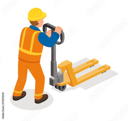Isometric worker in orange uniform operating pallet truck. Warehouse logistics and cargo handling concept.