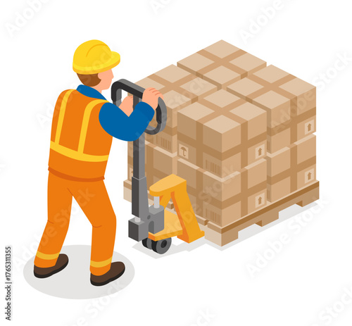 Isometric worker in orange uniform moving stacked boxes on a pallet truck. Logistics, warehouse, and cargo transport concept.