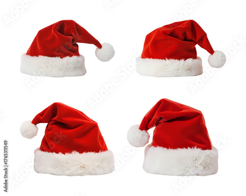 Red Santa Hats with White Trim on Isolated Background