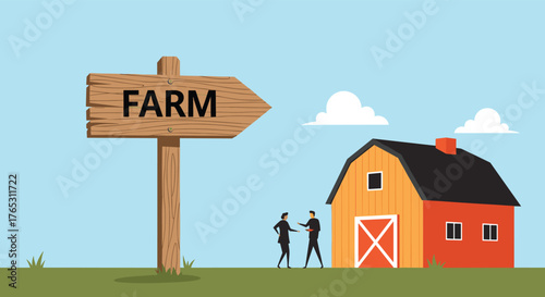 Two Businessmen Discussing Farm Investment with Barn and Farm Sign.