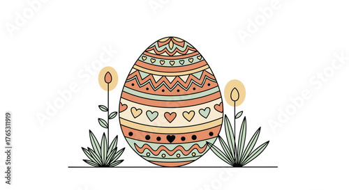 Beautifully decorated Easter egg with intricate patterns and vibrant colors, surrounded by delicate flowers and lush green plants, celebrating the joy of spring