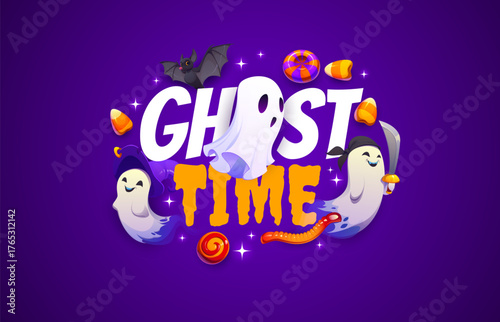Halloween vector greeting card with ghost time quote. Playful cartoon ghosts with hats and swords surrounding the words ghost time, funny bats and sweet treats as corn candies, gummy worms and toffees