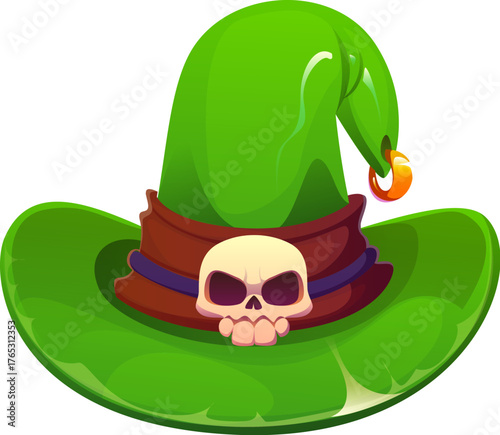 Cartoon Halloween witch or sorcerer hat. Green witch hat with wide brim and bent tip decorated with a golden ring, bold brown band adorned with a skull. Halloween party costume headwear accessory