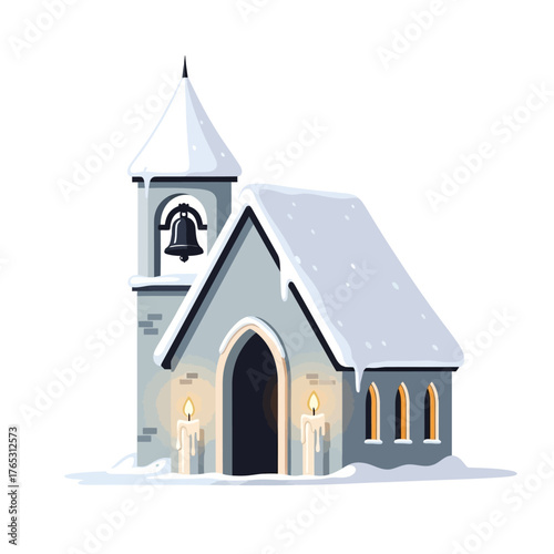 Winter Church Illustration with Candles and Snow, Vector Graphic