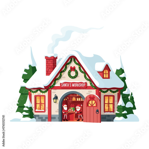 Santa's Workshop Illustration with Elves, Presents, and Snowy Building