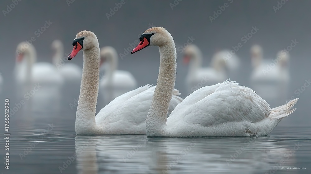 Fototapeta premium Mute Swans (Cygnus olor) Gracefully Floating on a Misty Lake in Early Morning, Hesse, Germany. Enchanting Wildlife Scene with Swans and Fog.