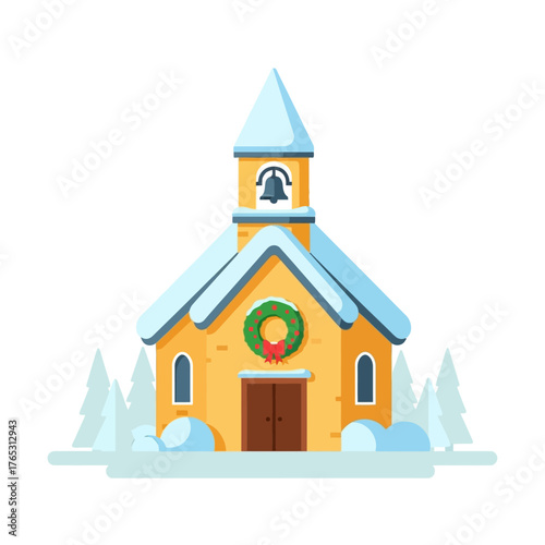 Cartoon Church Building with Christmas Wreath and Snow in Winter Landscape Illustration