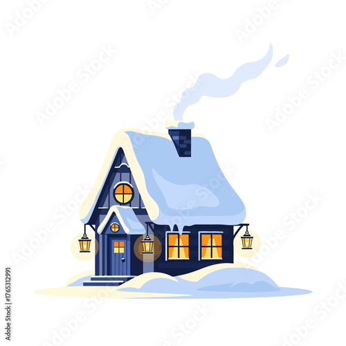 Cozy Winter House with Snow, Smoke, and Warm Light Vector Illustration