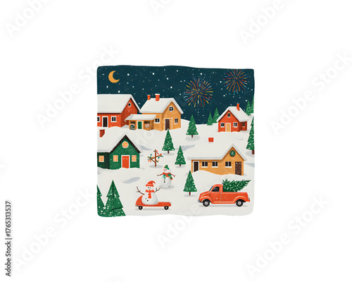 Festive Winter Village Scene with Snowman, Houses, Trees, Truck, Fireworks, and Moon Illustration