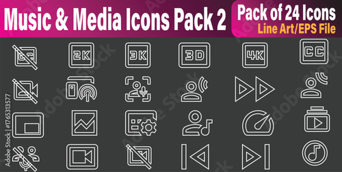 Music and Media editaable Icon set,  Digital Playback & Quality focused on music and media playback quality (2K, 3K, 3D, 4K), audio controls, and user interaction, ideal for streaming platform