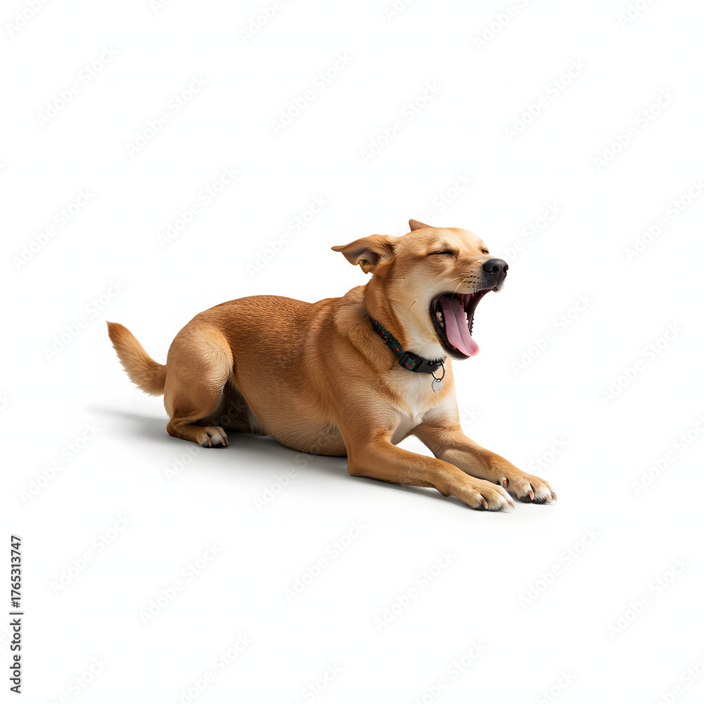 Fototapeta premium Dog yawning with mouth wide open resting on the floor isolated on a transparent background studio shot