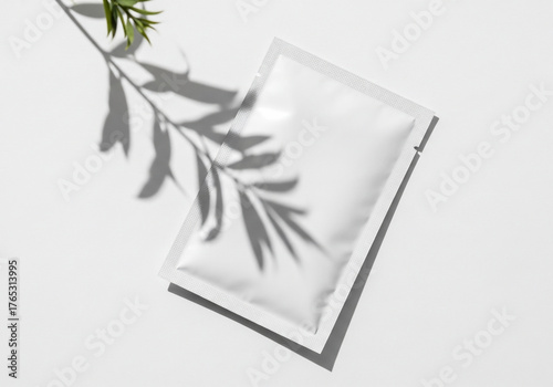 White Product Sachet Mockup with Green Leaf Shadow
