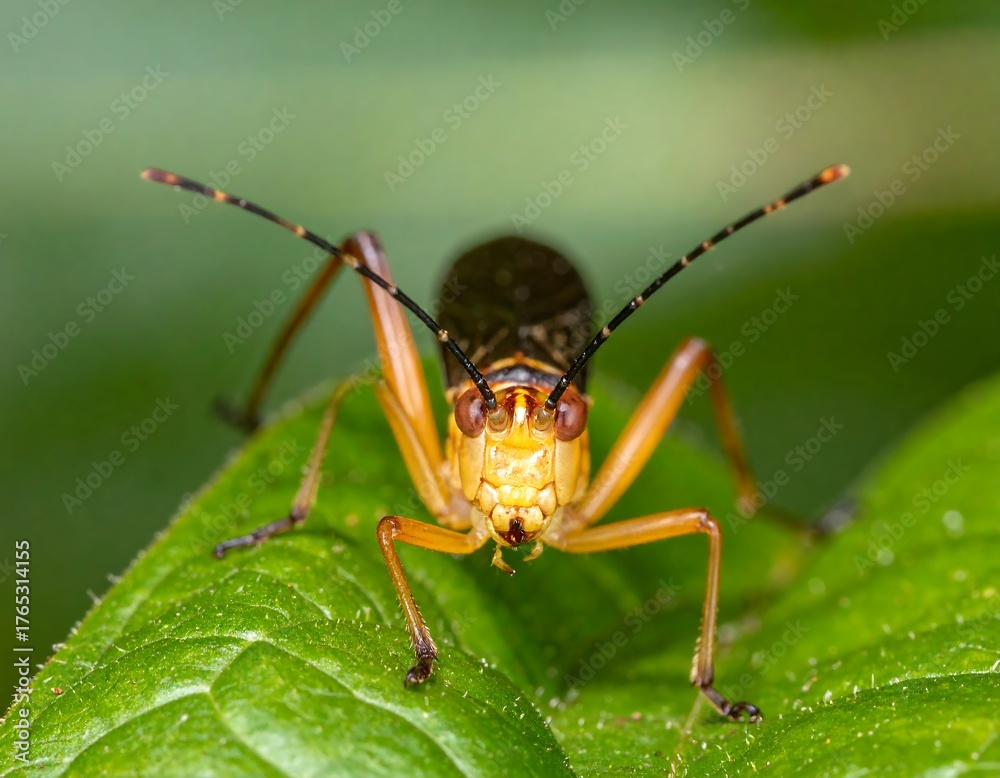 Fototapeta premium Close-up of a tiny, yellow and black insect on a green leaf