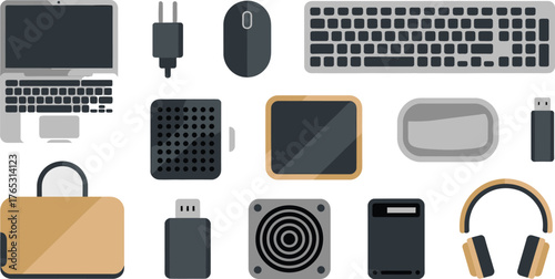 Flat Illustration of Laptop, Accessories, and Peripherals for Modern Digital Lifestyle