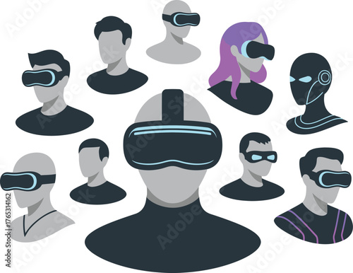 Futuristic Illustration Diverse People Wearing VR Headsets and One SciFi Robot Figure