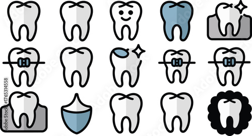 Icons Depicting Dental Care Braces, Cavity, Shield, Gingivitis, and Healthy Tooth Illustrations
