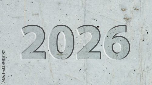 The year is 2026 and it is written in a textured, concrete-like font. The font is bold and stands out against the gray background
