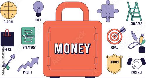 Illustrated Orange Money Safe with Success Symbols Representing Global Business Growth and Partnership
