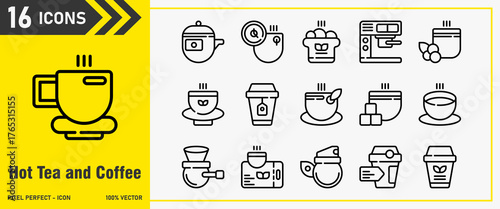 Hot Tea and Coffee icon set. Editable Stroke Icon Collection. drink, beverage, time coffee, drink health, teapot. Outline icons, icon interface, icon pack, vector collection.