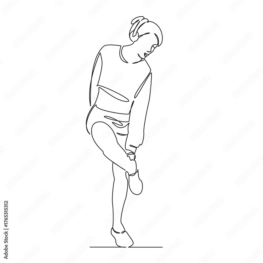 Fototapeta premium One continuous single drawing line art flat doodle earphones, woman, shoe, girl, fitness, lifestyle, exercise, sport. Isolated image hand draw contour on a white background, hand drawn, not AI
