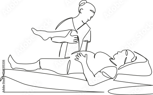 One continuous single drawing line art flat doodle consultation, efficient, specialist, belly, chiropractor, health care, male, pregnant. Isolated image hand draw contour on a white background, hand d