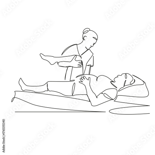 One continuous single drawing line art flat doodle consultation, efficient, specialist, belly, chiropractor, health care, male, pregnant. Isolated image hand draw contour on a white background, hand d