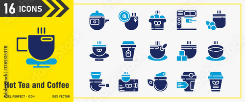 Hot Tea and Coffee icon set. Editable Stroke Icon Collection. snow coffee, sugar, dripper, ticket sale, drink teapot, price coffee. Duotone icons, icon interface, icon pack, vector collection.