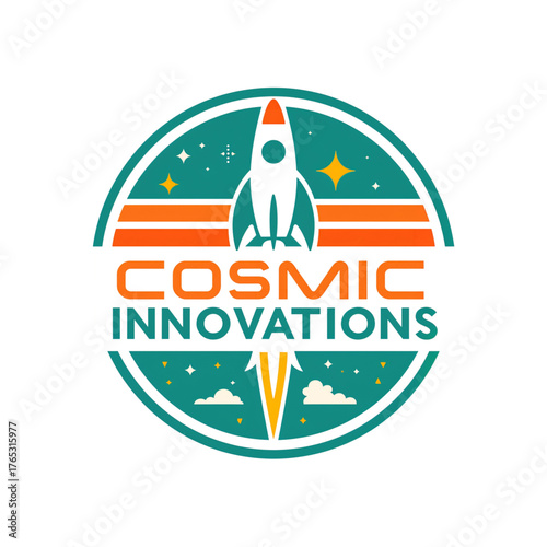 Retro rocket vector logo for tech startup innovation.